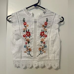 Embroidered Floral Lace Trim Top - White